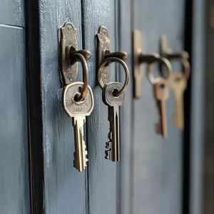 Hängende Schlüssel an hellblauen Türen