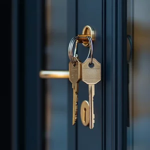 Hängende Schlüssel an blauen Türen